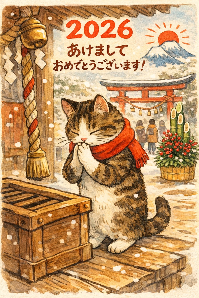 2026年 新年のご挨拶　和風ねこイラスト