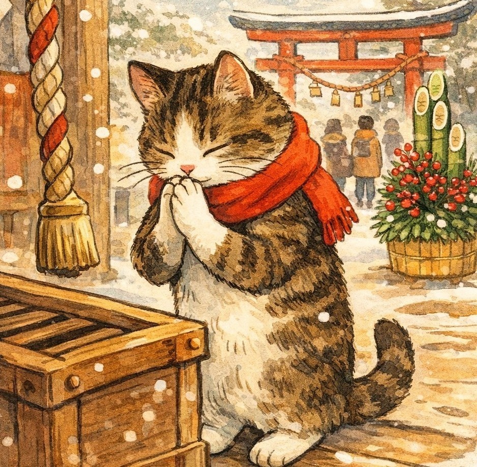 2026年 新年のご挨拶　和風ねこイラスト