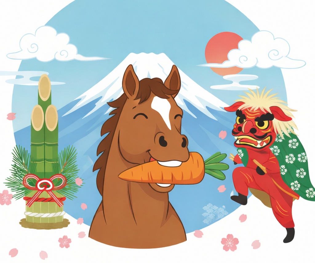 2026年、新春を祝う和風イラスト、干支と富士山の縁起物