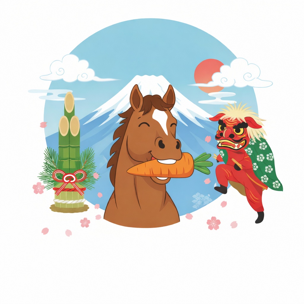 2026年、新春を祝う和風イラスト、干支と富士山の縁起物