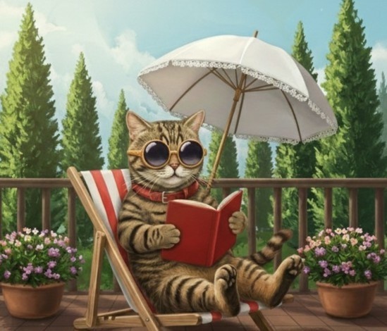 のんびり庭で読書する猫