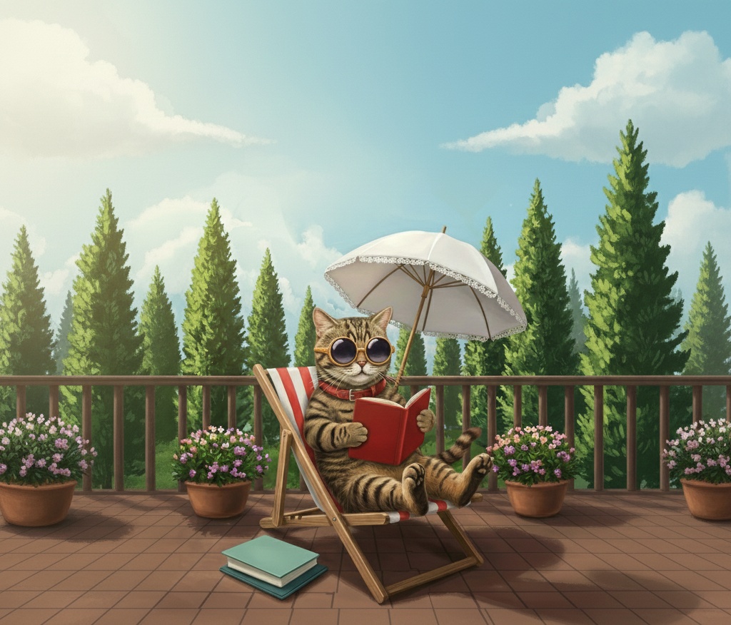 のんびり庭で読書する猫