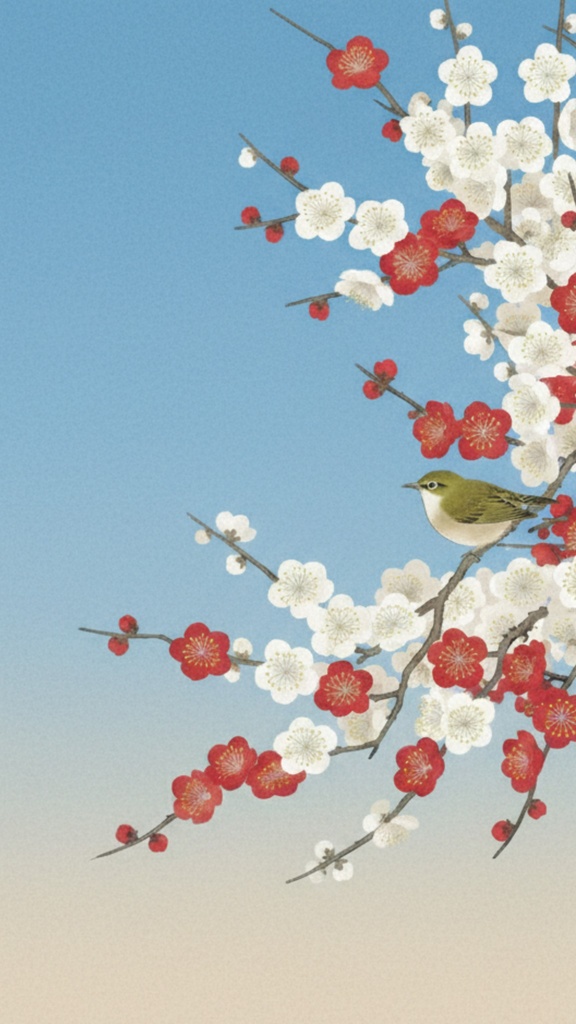 紅白の梅とうぐいす 春の吉兆の予感