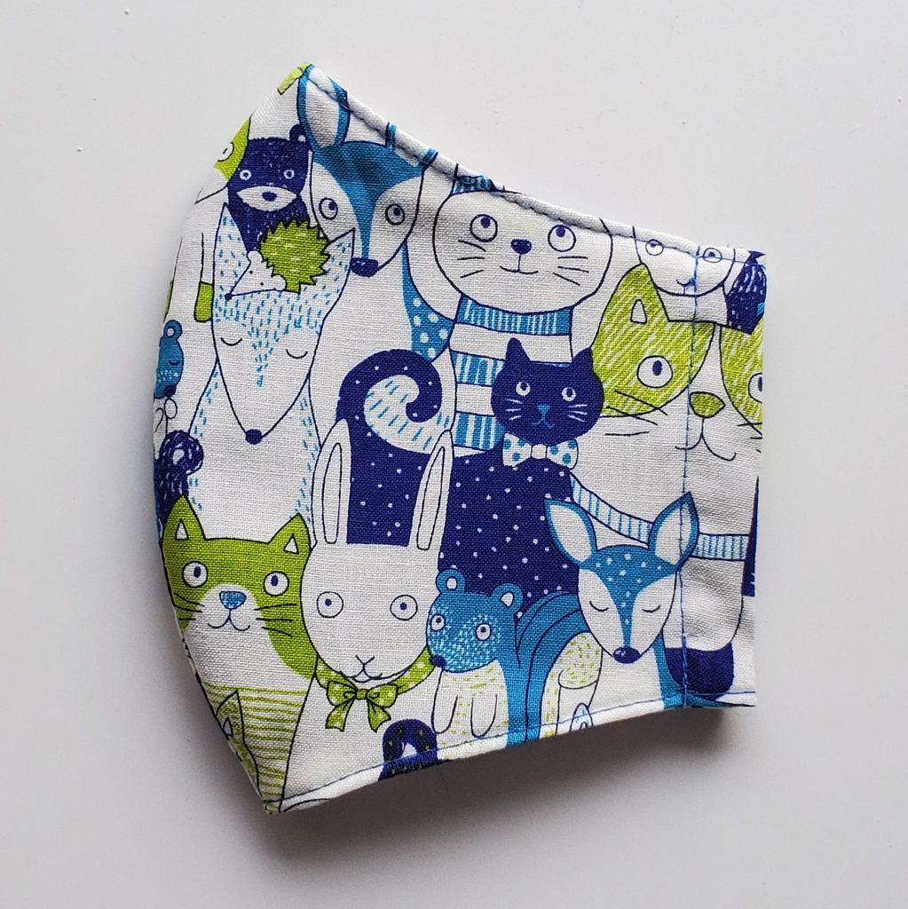 大人用布マスク【密な動物たち/ブルー】かわいい 綿100%