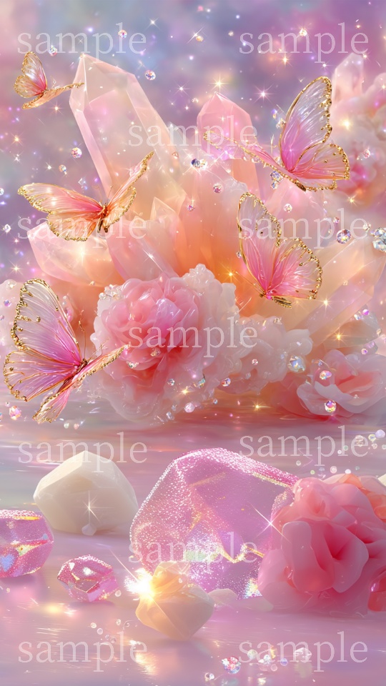 【スマホ壁紙】恋愛・夫婦・出会い運のお守りに|ローズクォーツ〈蝶々A〉|スマホ壁紙2サイズ