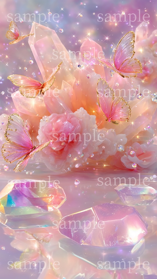 【スマホ壁紙】恋愛・夫婦・出会い運のお守りに|ローズクォーツ〈蝶々B〉|スマホ壁紙2サイズ