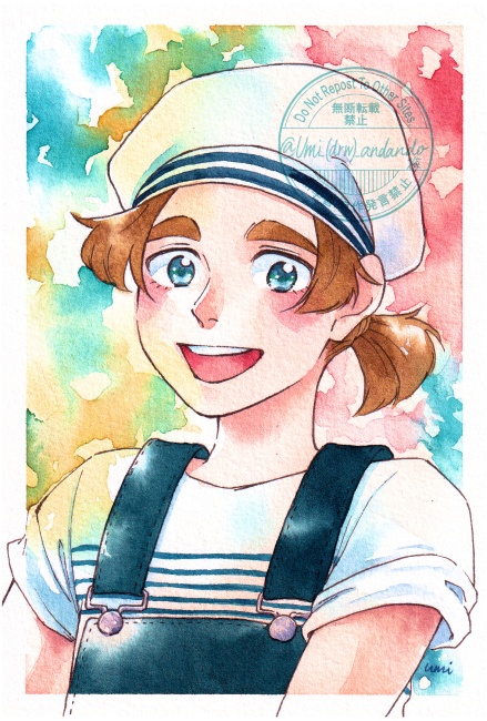 はがきサイズ原画『マリン帽子の子』
