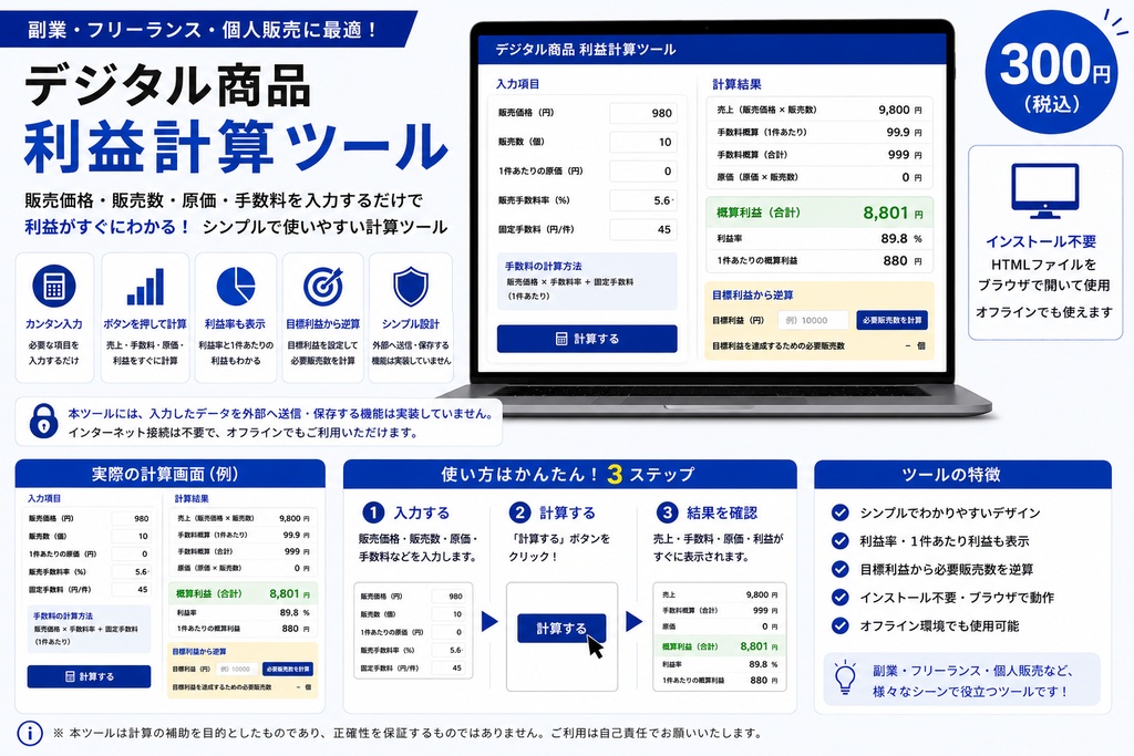 副業の利益が一瞬でわかる！デジタル商品販売利益計算ツール