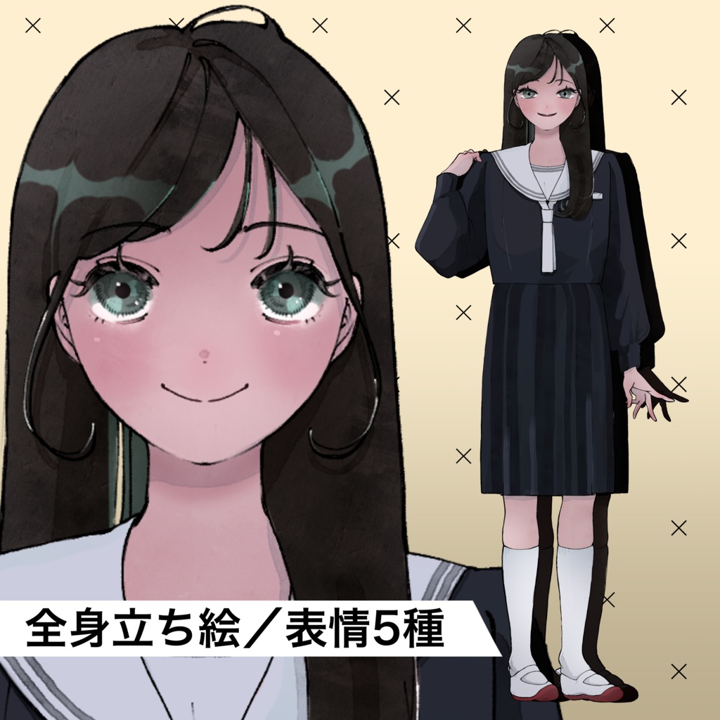 【立ち絵素材】紺セーラーの学生風女子（全身・表情5種／透過PNG）