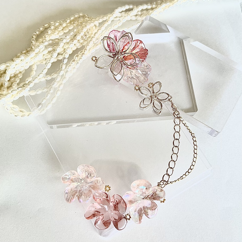 トレカケースデコ B8 硬質ケースデコ 花 ゴールド クリア ローズピンク ピンク フラワー ホワイト チェーン 透明 ラインストーン フォトフレーム カードケースデコ 推し活 ヲタ活