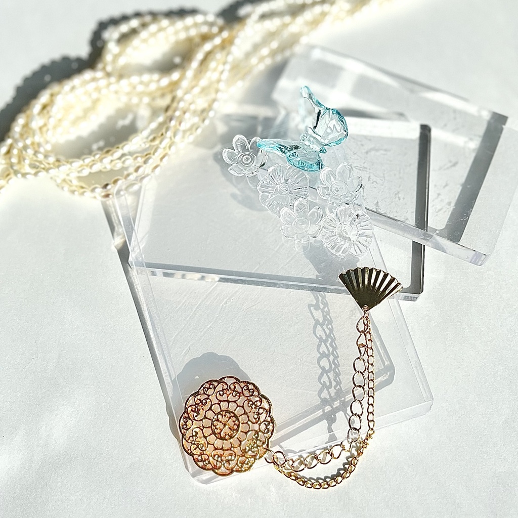 トレカケースデコ B8 硬質ケースデコ 花 扇子 バタフライ 蝶 クリア 水色 青 透明 フラワー チェーン ラインストーン パール フォトフレーム カードケースデコ 推し活 ヲタ活