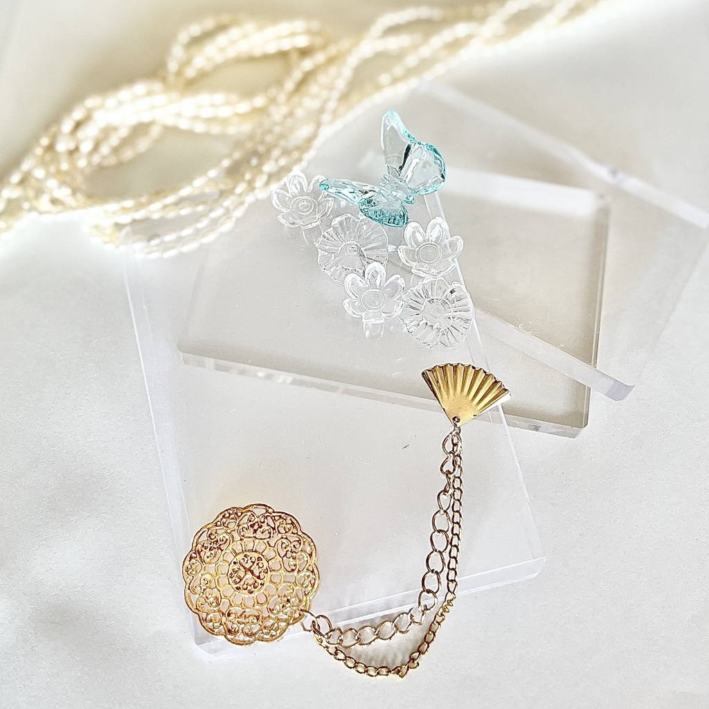 トレカケースデコ B8 硬質ケースデコ 花 扇子 バタフライ 蝶 クリア 水色 青 透明 フラワー チェーン ラインストーン パール フォトフレーム カードケースデコ 推し活 ヲタ活