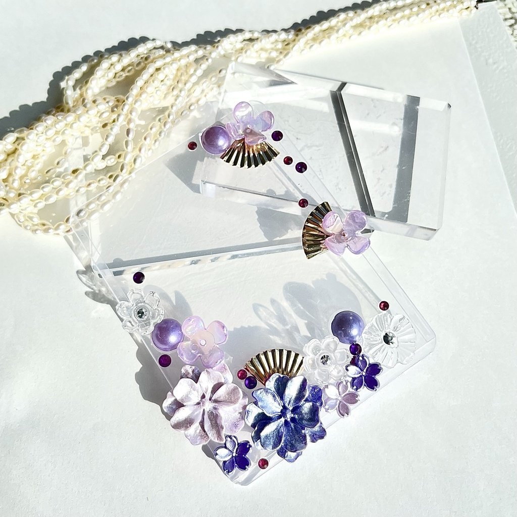 トレカケースデコ B8 硬質ケースデコ 花 ゴールド クリア 紫 フラワー ホワイト チェーン パール 扇子 透明 ラインストーン フォトフレーム カードケースデコ 推し活 ヲタ活