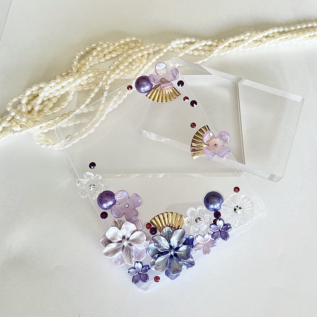 トレカケースデコ B8 硬質ケースデコ 花 ゴールド クリア 紫 フラワー ホワイト チェーン パール 扇子 透明 ラインストーン フォトフレーム カードケースデコ 推し活 ヲタ活