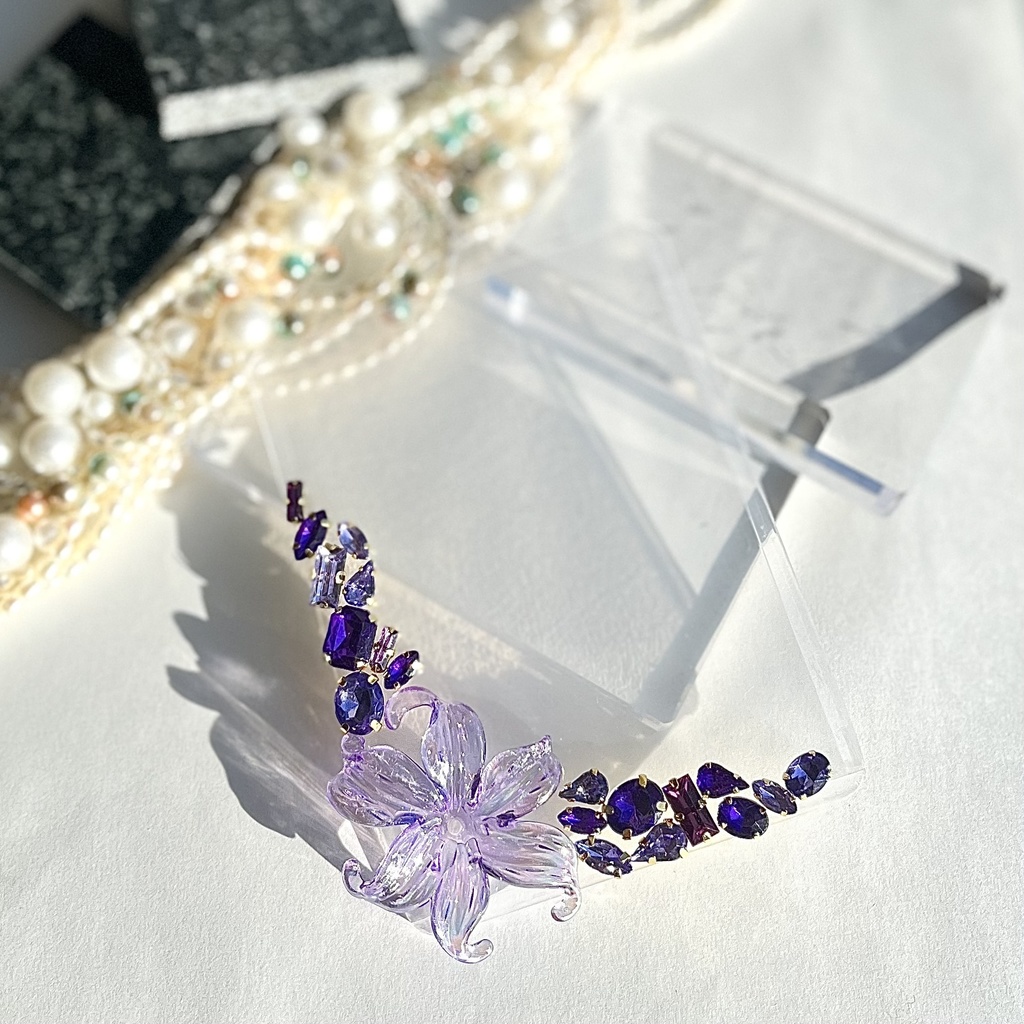 トレカケースデコ B8 硬質ケース 紫 パープル ビジュー フラワー ストーン クリア アイシェイプ 雫 ゴールド フォトフレーム カードケースデコ 推し活 ヲタ活 プレゼント