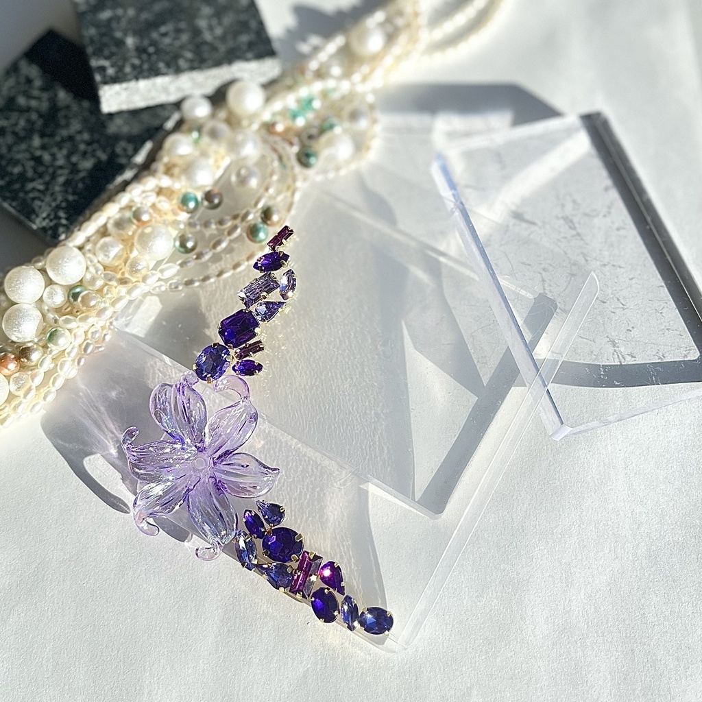 トレカケースデコ B8 硬質ケース 紫 パープル ビジュー フラワー ストーン クリア アイシェイプ 雫 ゴールド フォトフレーム カードケースデコ 推し活 ヲタ活 プレゼント