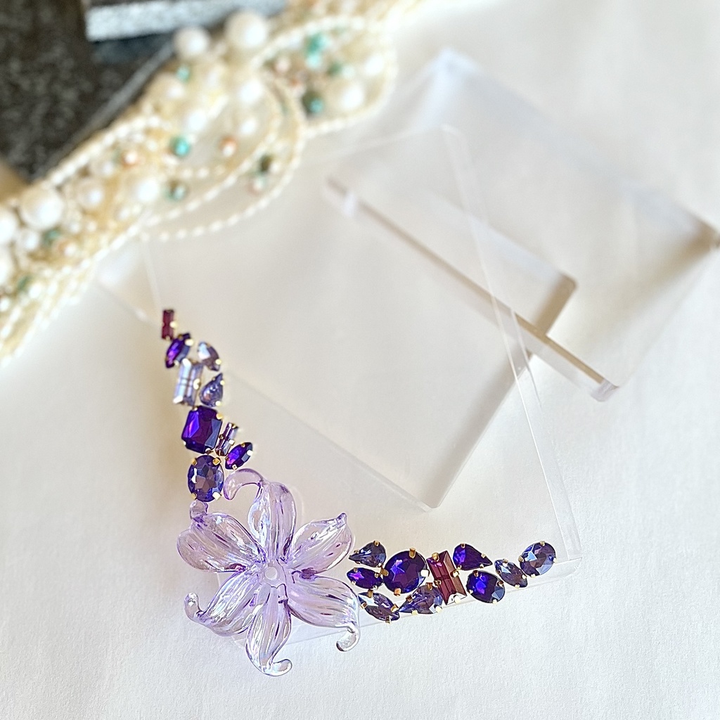 トレカケースデコ B8 硬質ケース 紫 パープル ビジュー フラワー ストーン クリア アイシェイプ 雫 ゴールド フォトフレーム カードケースデコ 推し活 ヲタ活 プレゼント