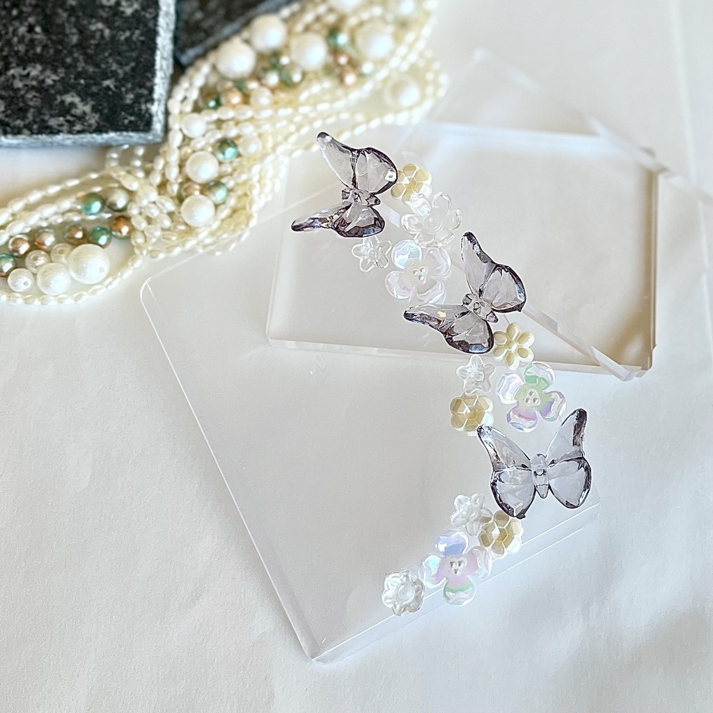 トレカケースデコ B8 硬質ケース ビジュー フラワー 蝶 ブラック クリア ホワイト 花びら バタフライ 黒 透明 フォトフレーム カードケースデコ 推し活 ヲタ活 プレゼント