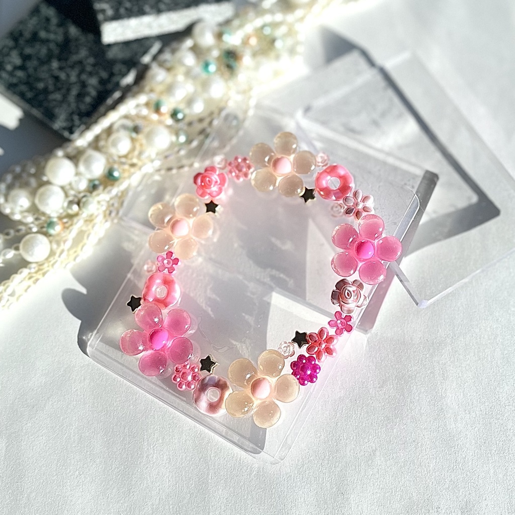 トレカケースデコ B8 硬質ケースデコ クリア ピンク ピンク スター 薔薇 フラワー バラ ローズ 星 スター ゴールド フォトフレーム カードケースデコ 推し活 ヲタ活 プレゼント