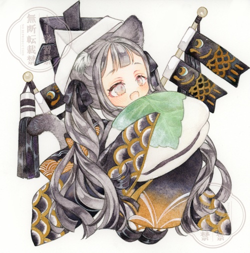 オリジナル　イラスト原画　【黒猫の節句】　額付き原画