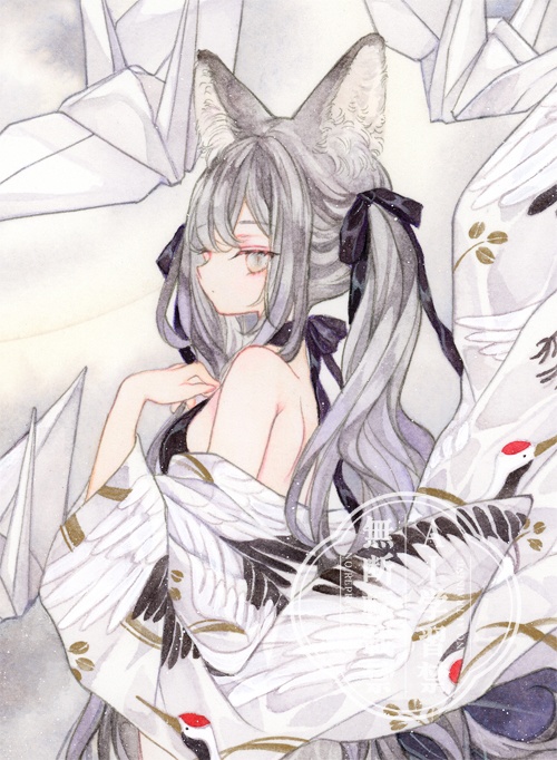 オリジナル　イラスト原画　【白遙】　額・マット付き原画