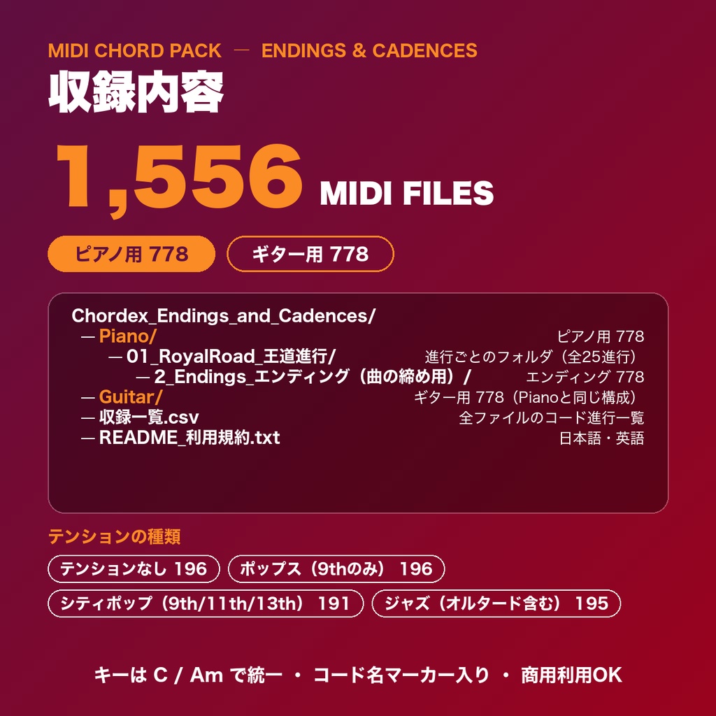 【MIDI素材】エンディング&終止形コレクション(曲の締めに使える解決パターン)|ピアノ&ギター 1,556ファイル