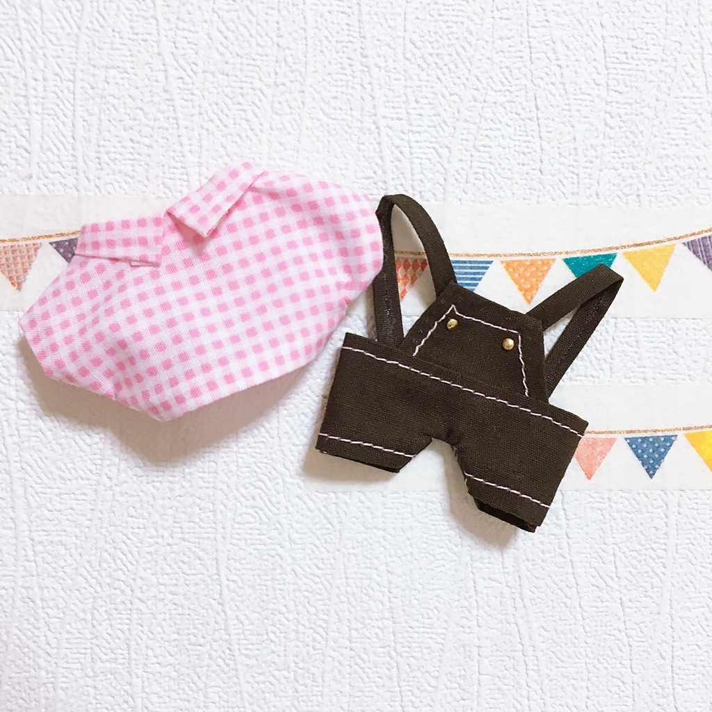 【B品】フルーツチェックのシャツ&チョコレートサロペット