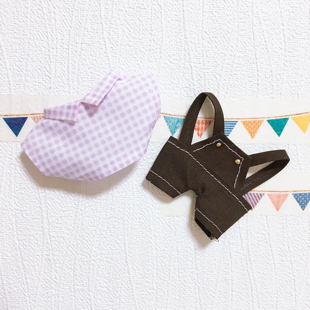【B品】フルーツチェックのシャツ&チョコレートサロペット