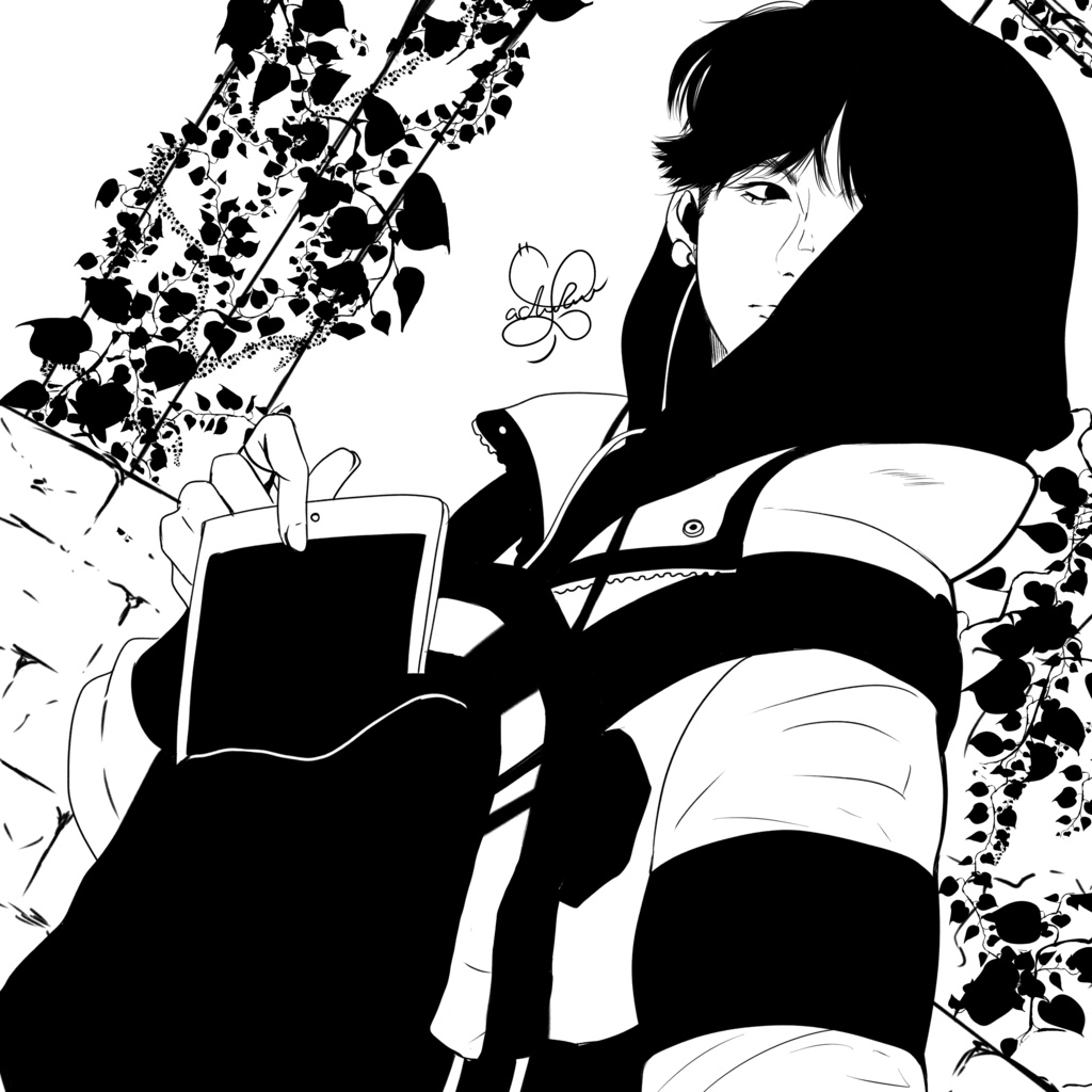 フードと黒髪男子Tシャツ