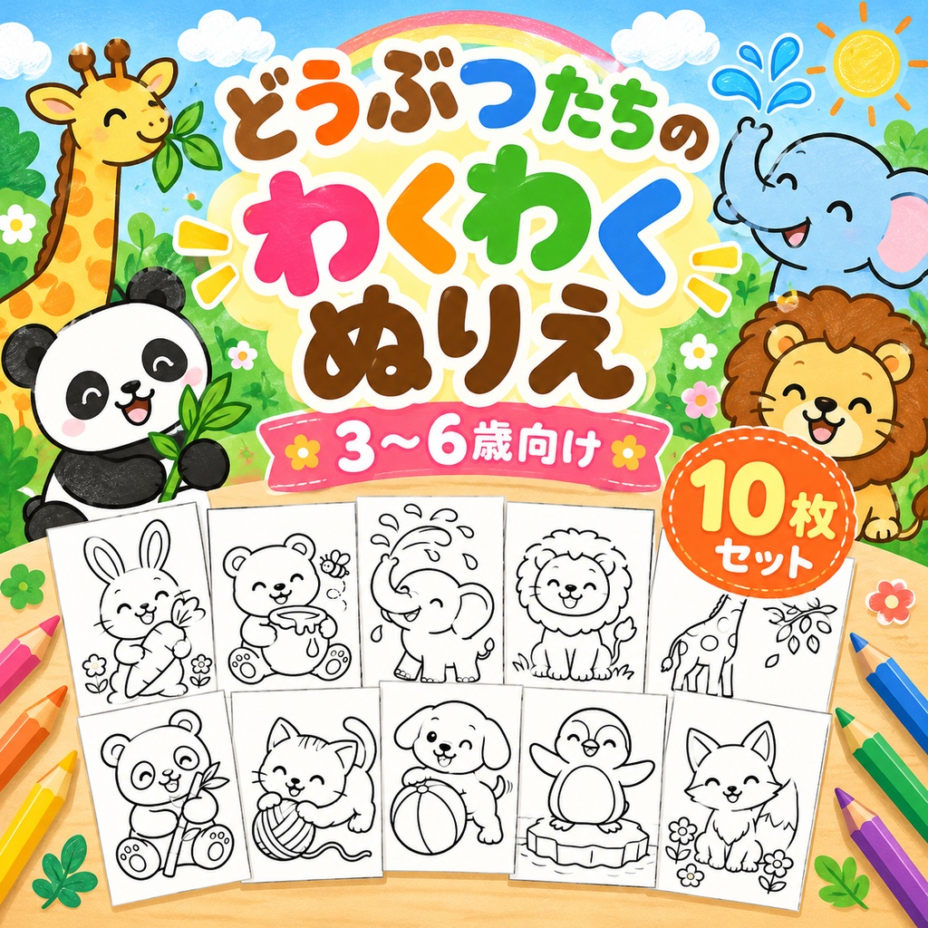 【3〜6歳向け】どうぶつたちの わくわくぬりえ｜10枚セット