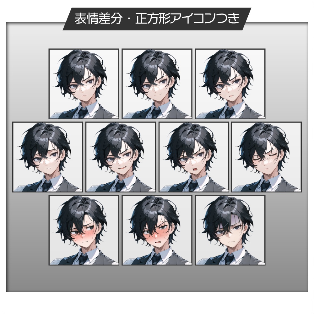 【表情差分追加】立ち絵素材122 スーツ ベスト 黒髪 青年