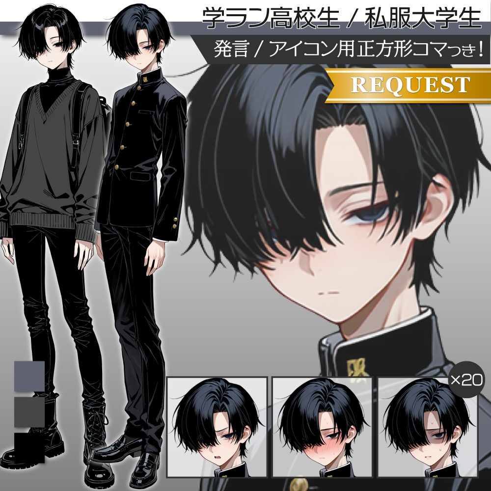 立ち絵素材1088 学ラン高校生 私服大学生 ダウナー 黒髪 年齢差分