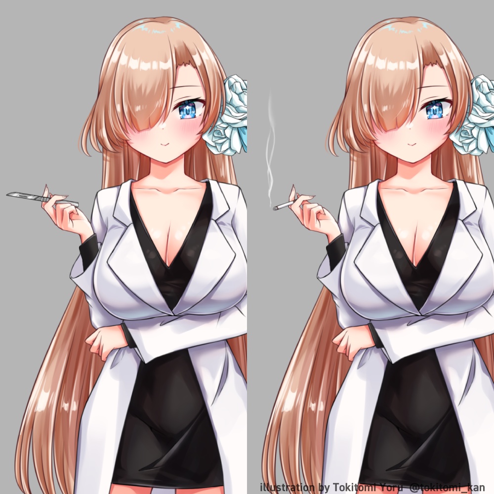 【全身立ち絵素材】医者【医師/女医/ロングヘア/白衣/黒スト/片目隠れ】