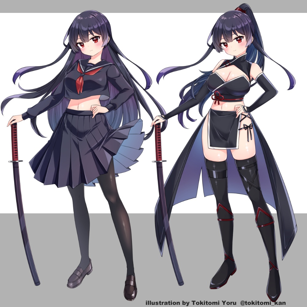 【全身立ち絵素材セット】女学生【黒髪ロングヘア/セーラー服/剣士】