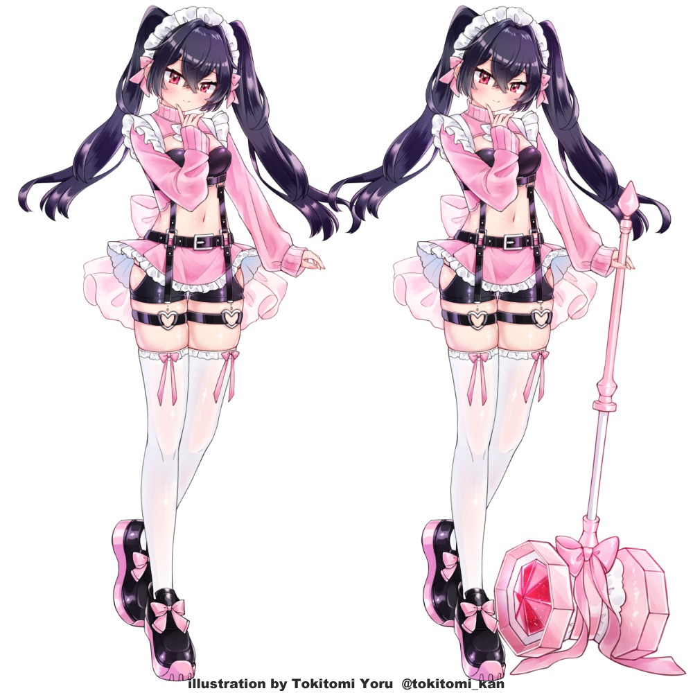 【全身立ち絵素材セット】ハンマーメイドさん【黒髪ツインテ/武器差分/ジャージメイド】