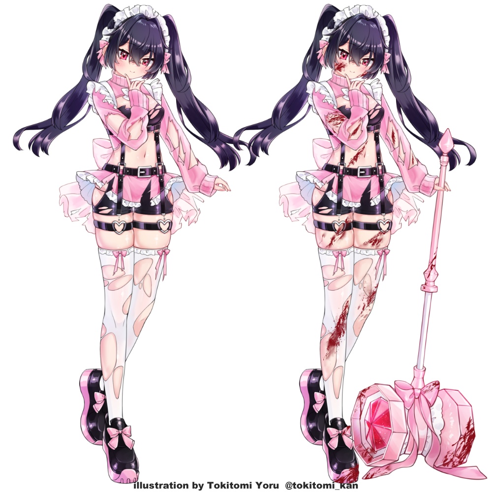 【全身立ち絵素材セット】ハンマーメイドさん【黒髪ツインテ/武器差分/ジャージメイド】