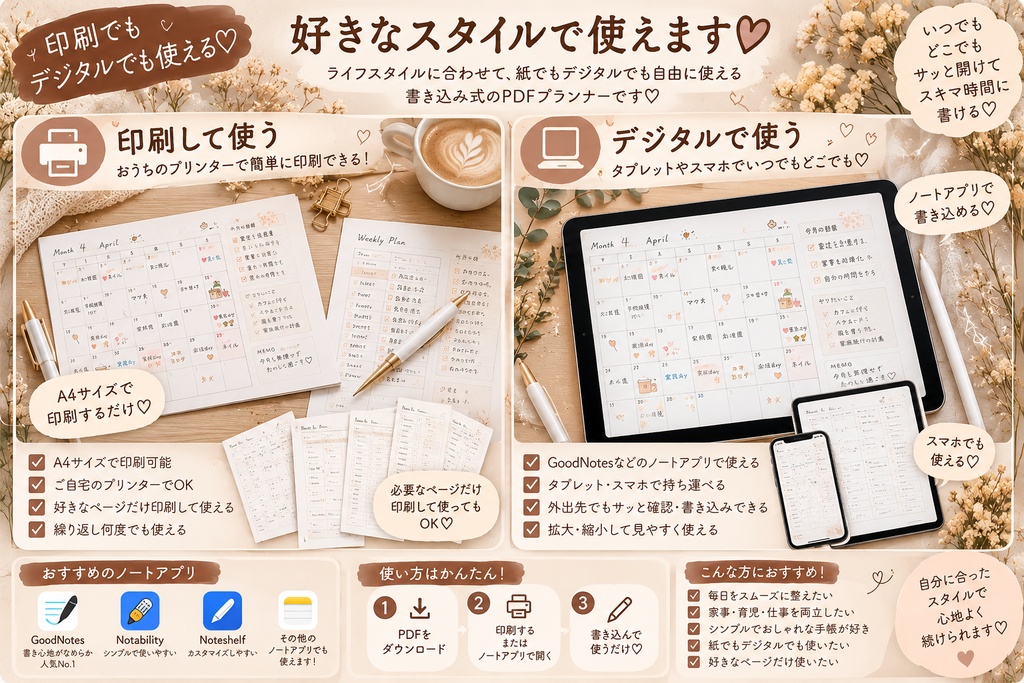 生活まるごと管理プランナー|PDF全20ページ|予定・家事・献立・家計管理|日付なし
