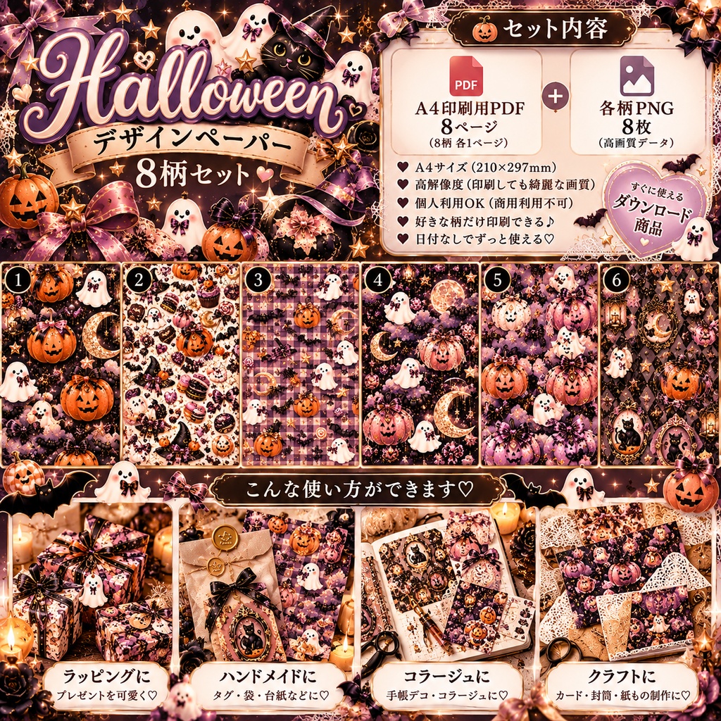 ハロウィン デザインペーパー8柄セット|A4 PDF+PNG|ラッピング・コラージュ・紙もの素材
