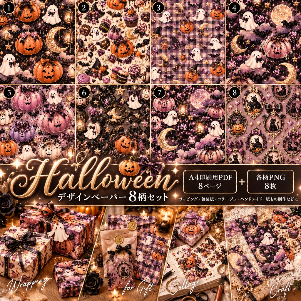 ハロウィン デザインペーパー8柄セット|A4 PDF+PNG|ラッピング・コラージュ・紙もの素材