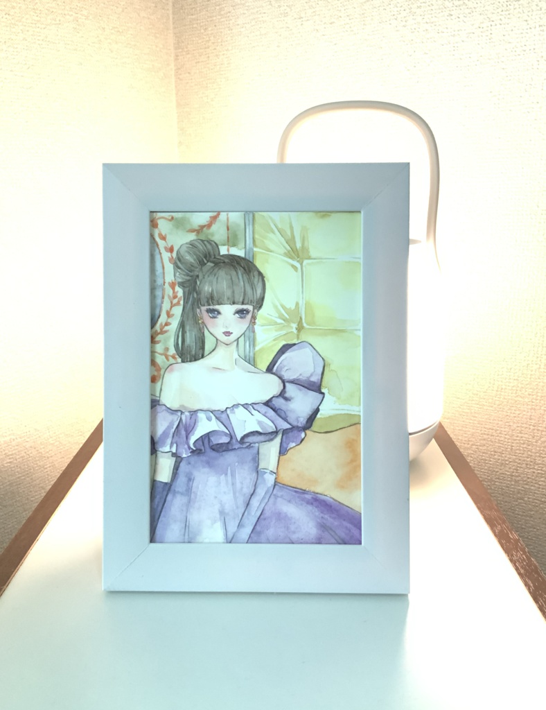 水彩ハガキ原画　紫のドレスを着た少女