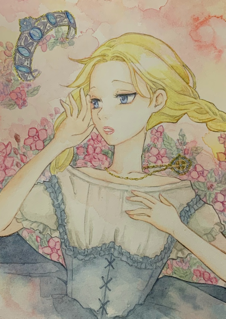 水彩ハガキ原画　花畑で寝転ぶ少女