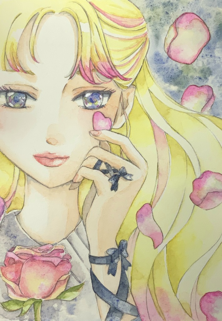 水彩ハガキ原画　薔薇と美少女