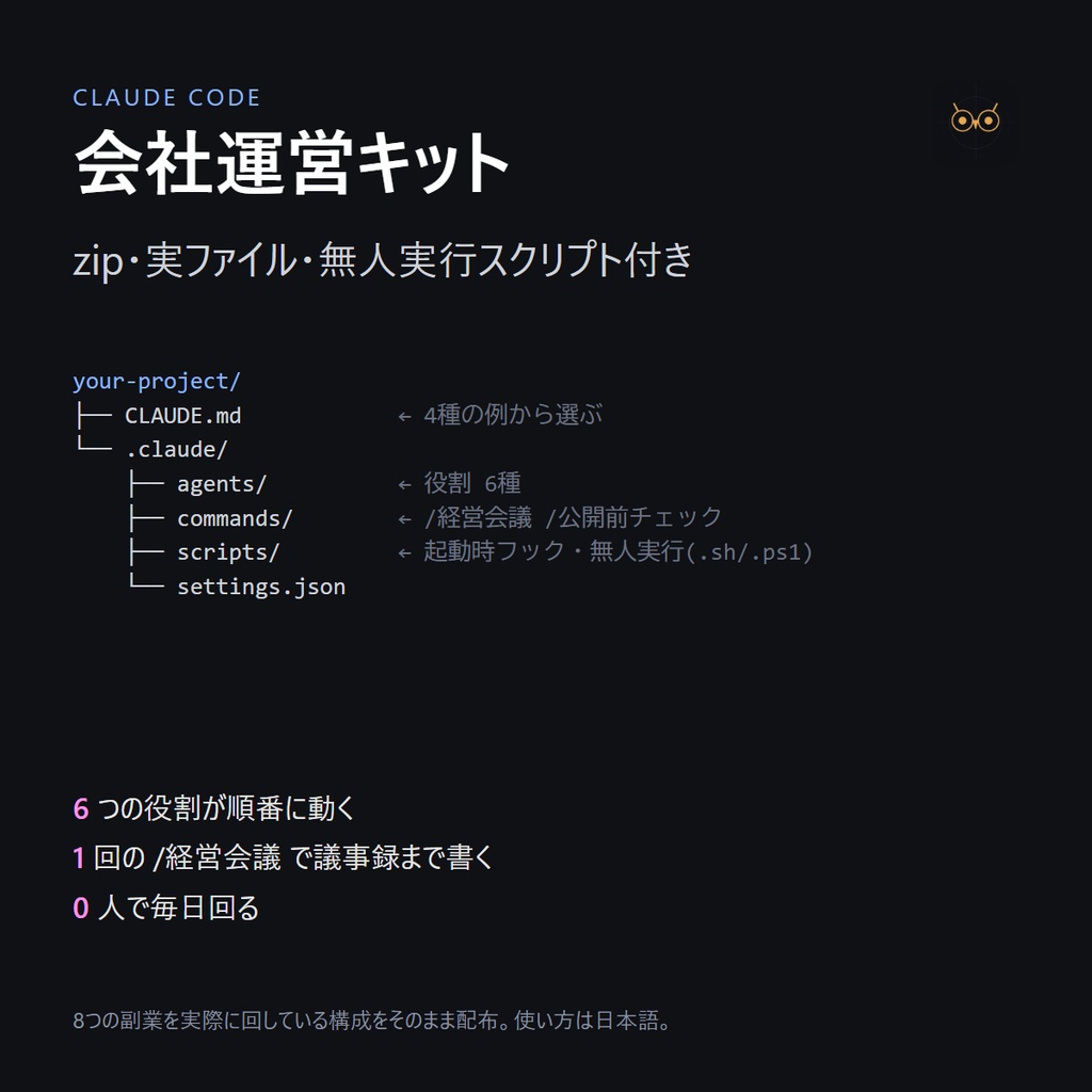 Claude Code 会社運営キット|役割別サブエージェント6種・/経営会議・無人実行スクリプト付き