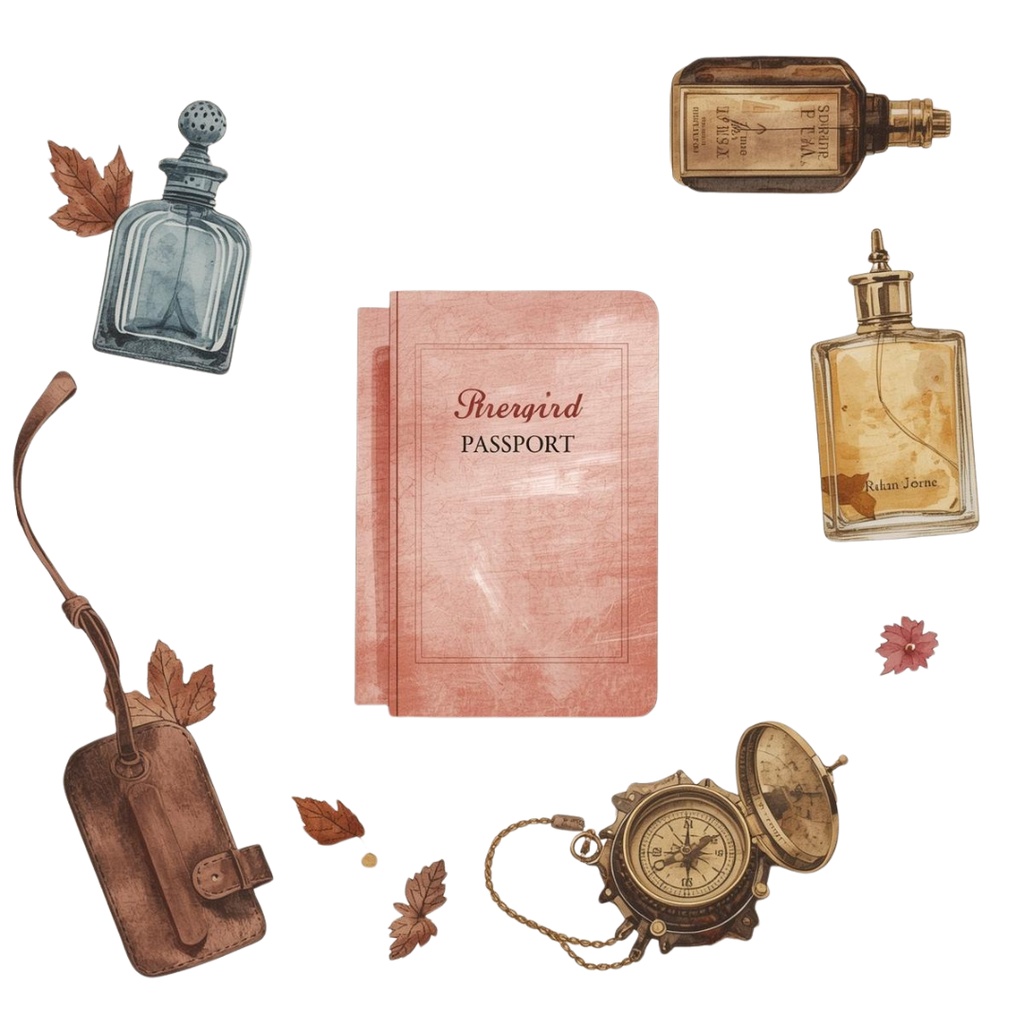 【全12種】水彩&色鉛筆タッチ*アンティークピンクの旅モチーフクリップアートセット