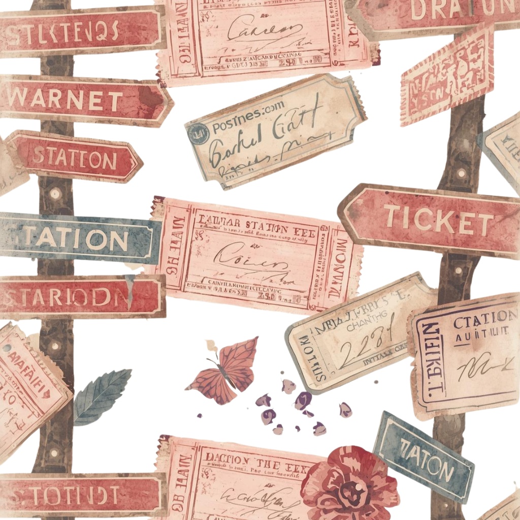 【全12種】水彩&色鉛筆タッチ*アンティークピンクの旅モチーフクリップアートセット