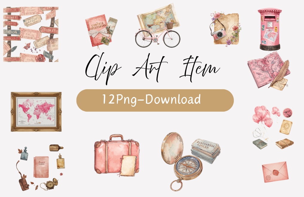 【全12種】水彩＆色鉛筆タッチ＊アンティークピンクの旅モチーフクリップアートセット