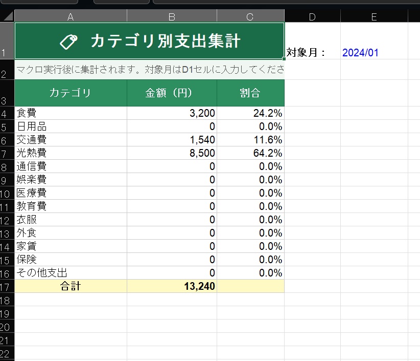 高機能Excel家計簿マクロ(自動集計&グラフ生成版)