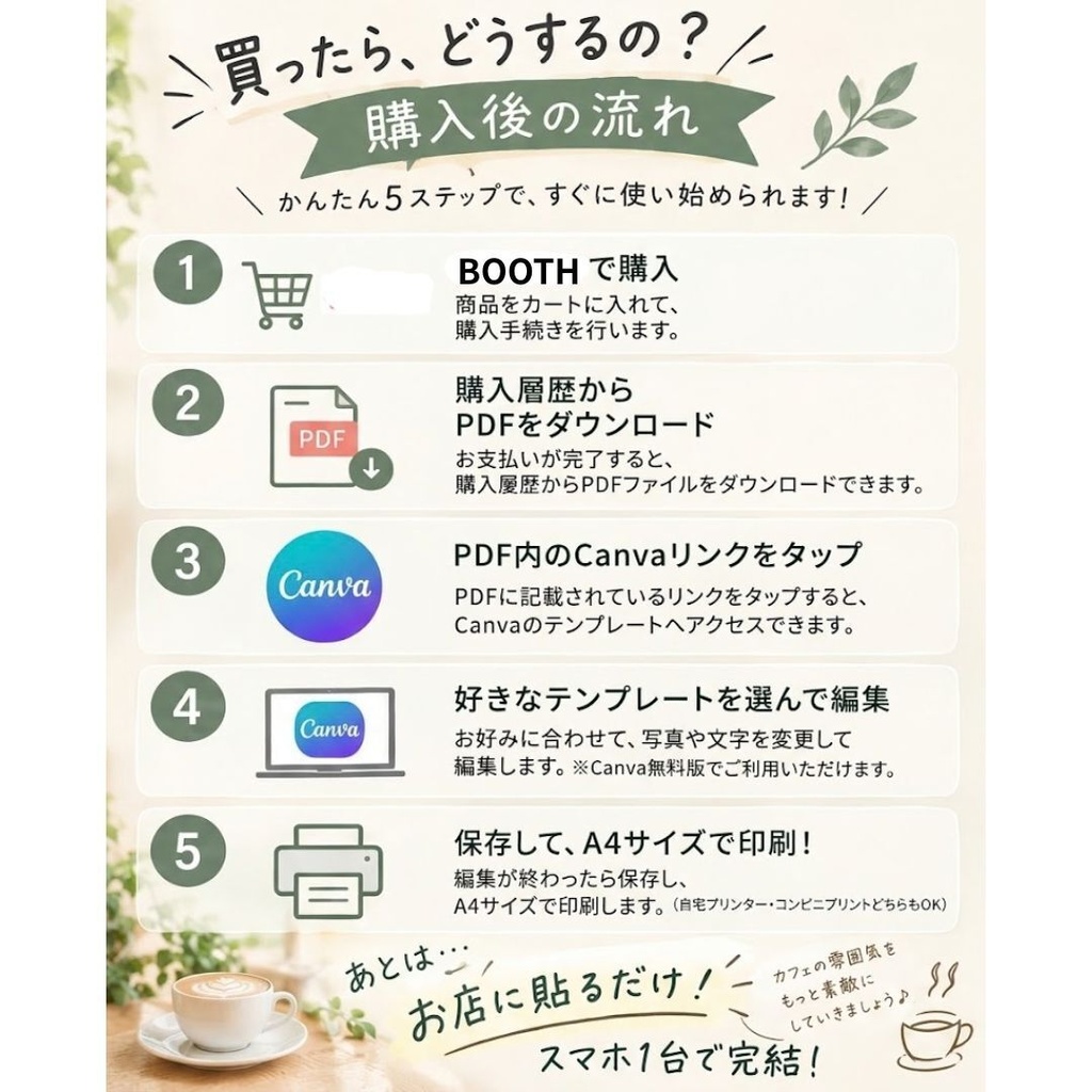 ナチュラルカフェ向け 開店準備POP・案内 Canvaテンプレート10点セット+特典2点