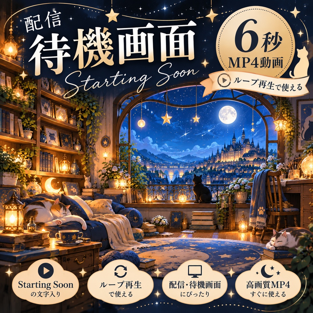 【配信待機画面】猫と星空の夜｜Starting Soon｜6秒MP4