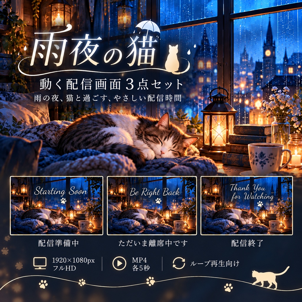 雨夜の猫｜動く配信画面3点セット【配信準備中・離席中・配信終了】ループアニメーション
